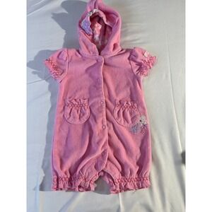 Small Wonders Pink Terry Cloth Hooded Romper Butterfly Flower Applique 0/3M